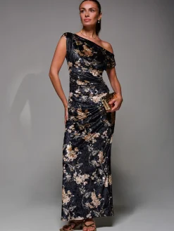 Jolie Moi Occasion Dresses|Floral Dresses-Printed Velvet Draped Maxi Dress, Black Floral