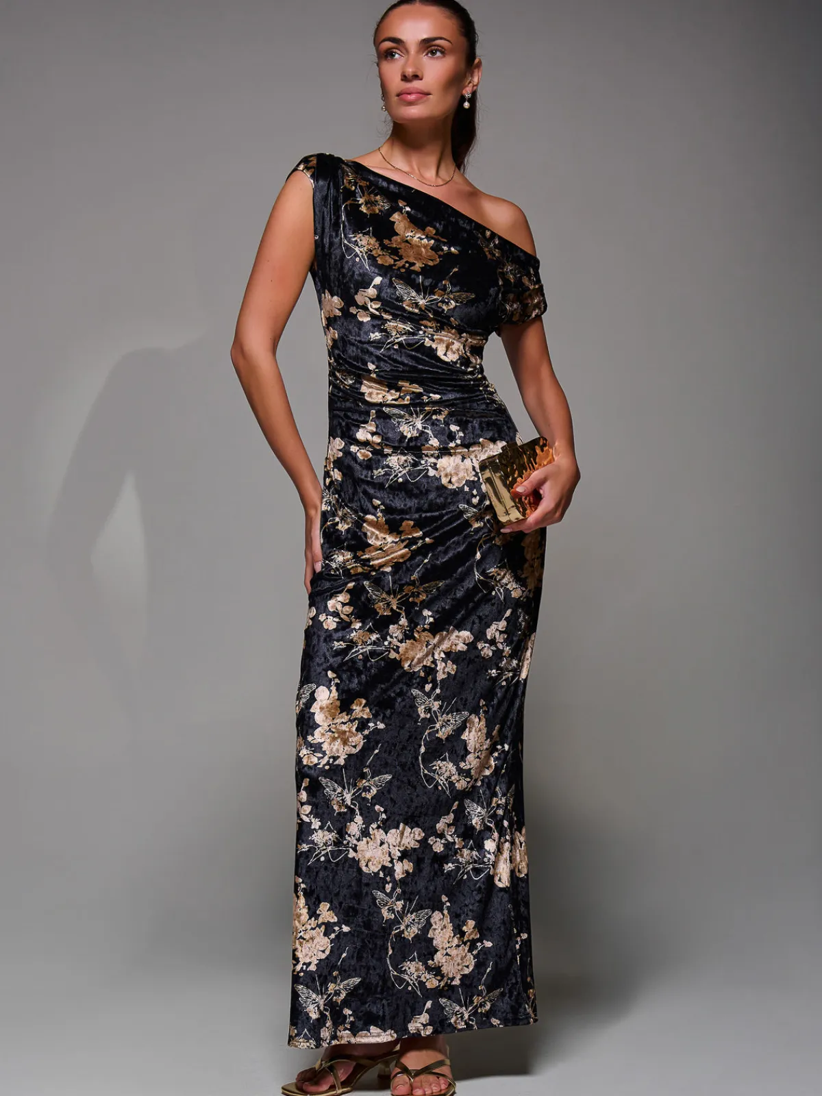 Jolie Moi Occasion Dresses|Floral Dresses-Printed Velvet Draped Maxi Dress, Black Floral