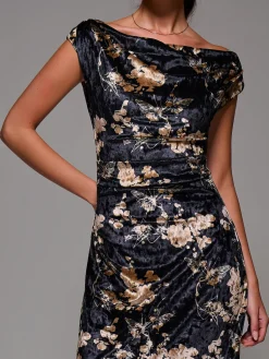 Jolie Moi Occasion Dresses|Floral Dresses-Printed Velvet Draped Maxi Dress, Black Floral