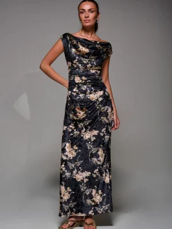 Jolie Moi Occasion Dresses|Floral Dresses-Printed Velvet Draped Maxi Dress, Black Floral