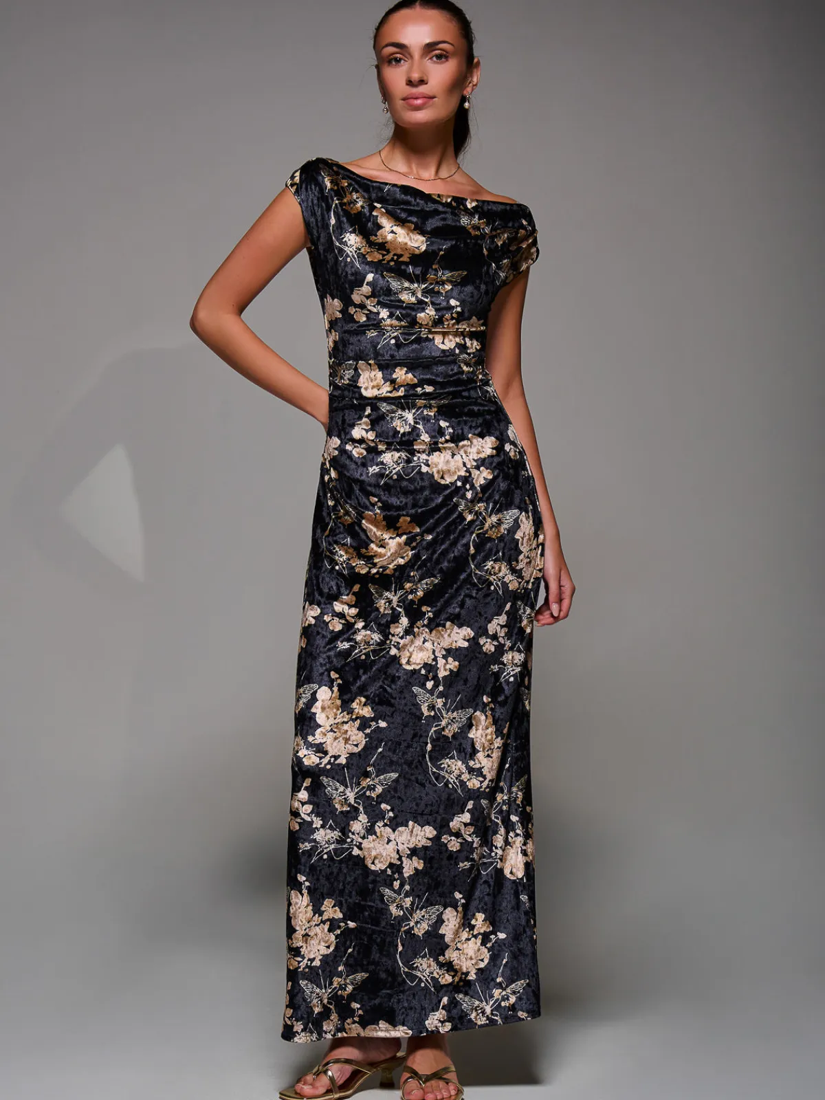 Jolie Moi Occasion Dresses|Floral Dresses-Printed Velvet Draped Maxi Dress, Black Floral