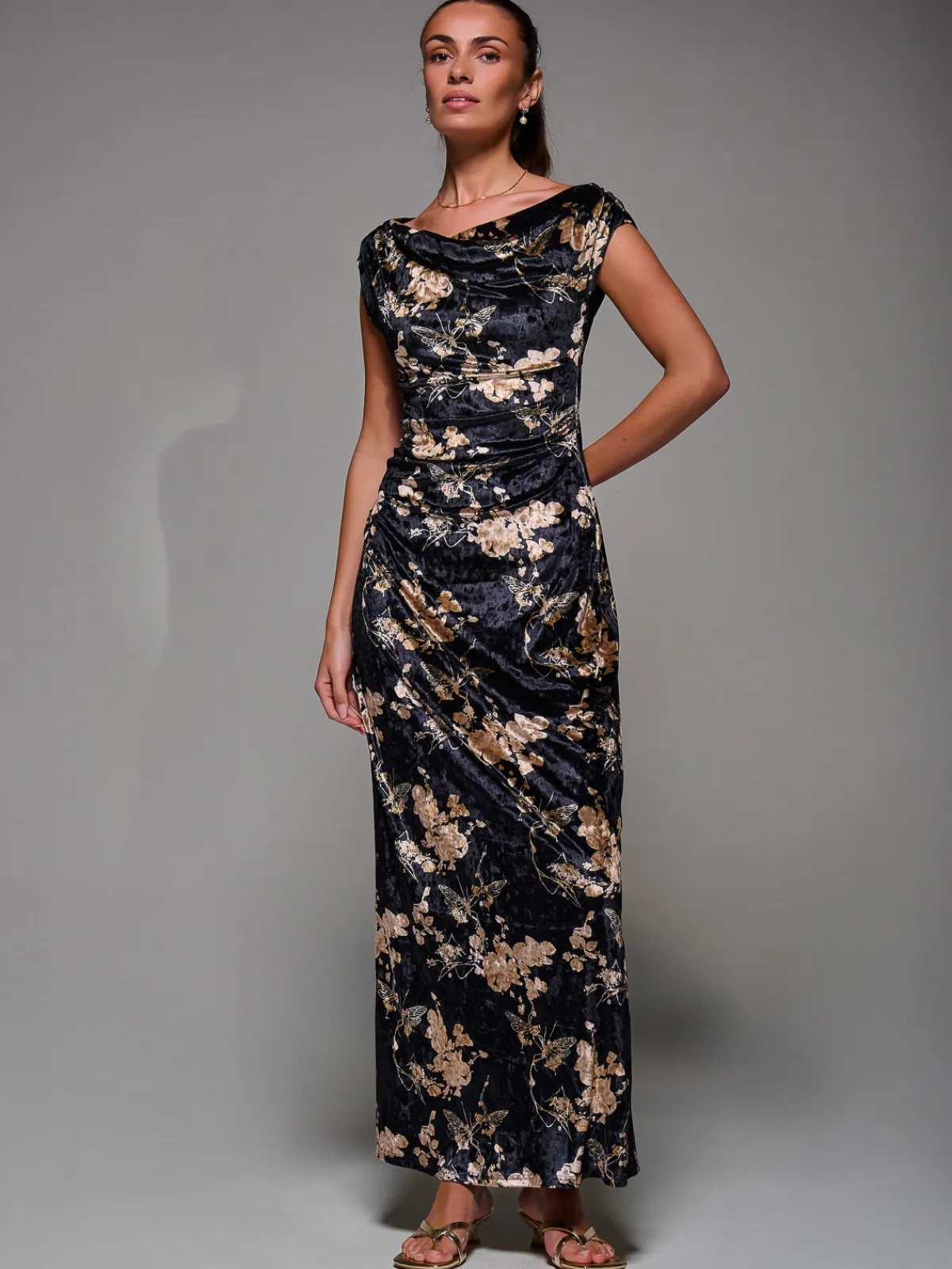 Jolie Moi Occasion Dresses|Floral Dresses-Printed Velvet Draped Maxi Dress, Black Floral