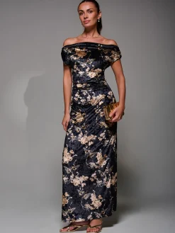 Jolie Moi Occasion Dresses|Floral Dresses-Printed Velvet Draped Maxi Dress, Black Floral