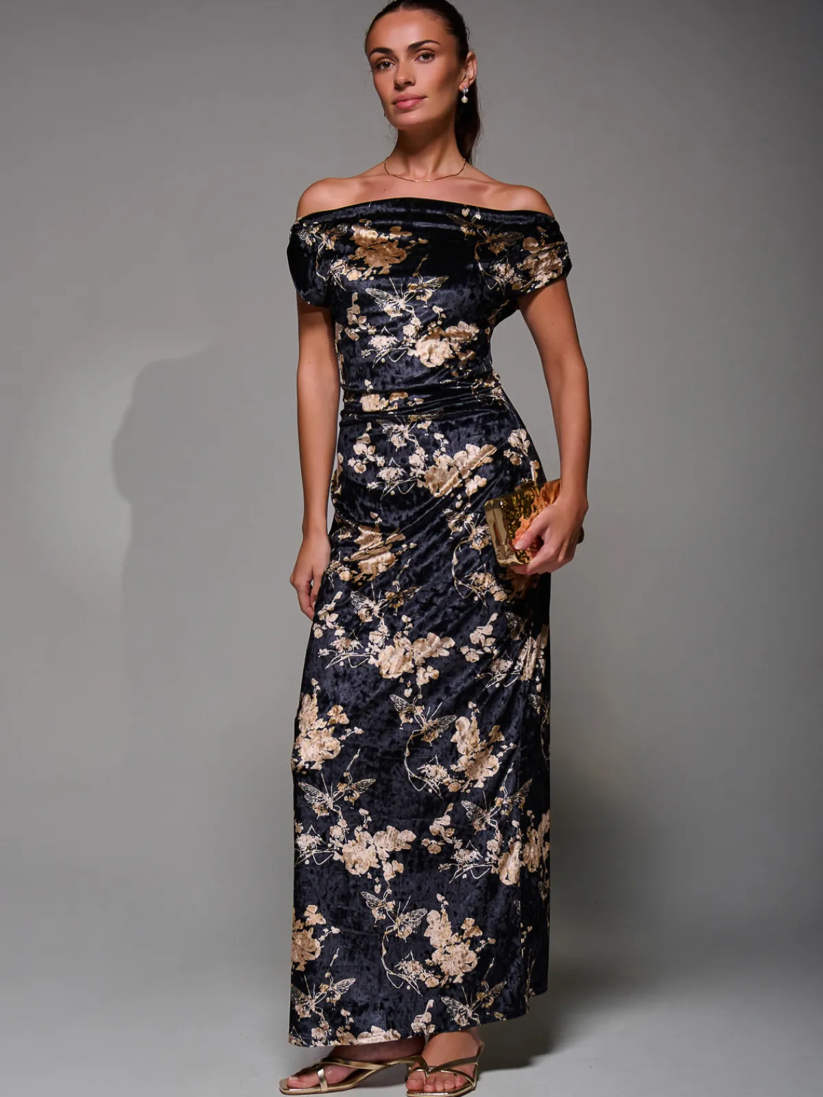 Jolie Moi Occasion Dresses|Floral Dresses-Printed Velvet Draped Maxi Dress, Black Floral