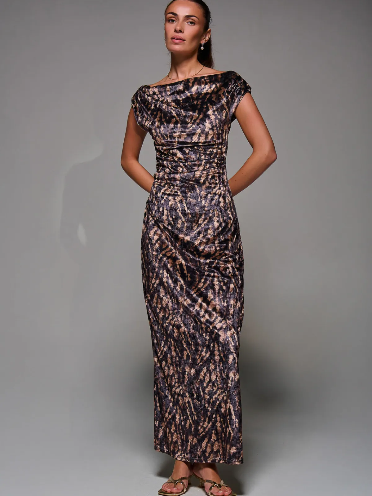 Jolie Moi Sleeveless Dresses|Velvet Dresses-Printed Velvet Draped Maxi Dress, Brown Animal