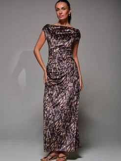 Jolie Moi Sleeveless Dresses|Velvet Dresses-Printed Velvet Draped Maxi Dress, Brown Animal