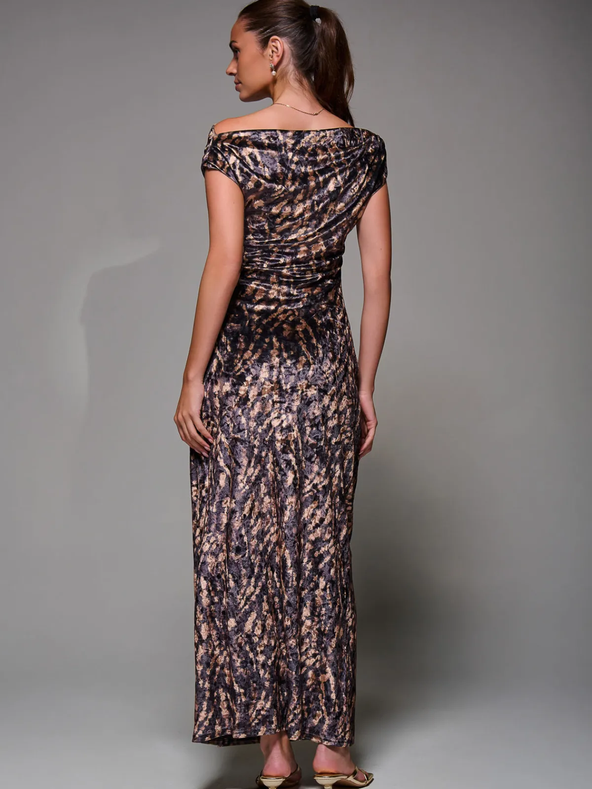 Jolie Moi Sleeveless Dresses|Velvet Dresses-Printed Velvet Draped Maxi Dress, Brown Animal