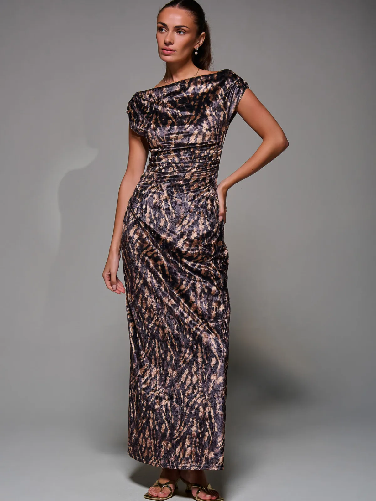 Jolie Moi Sleeveless Dresses|Velvet Dresses-Printed Velvet Draped Maxi Dress, Brown Animal