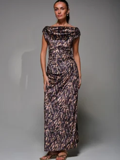 Jolie Moi Sleeveless Dresses|Velvet Dresses-Printed Velvet Draped Maxi Dress, Brown Animal