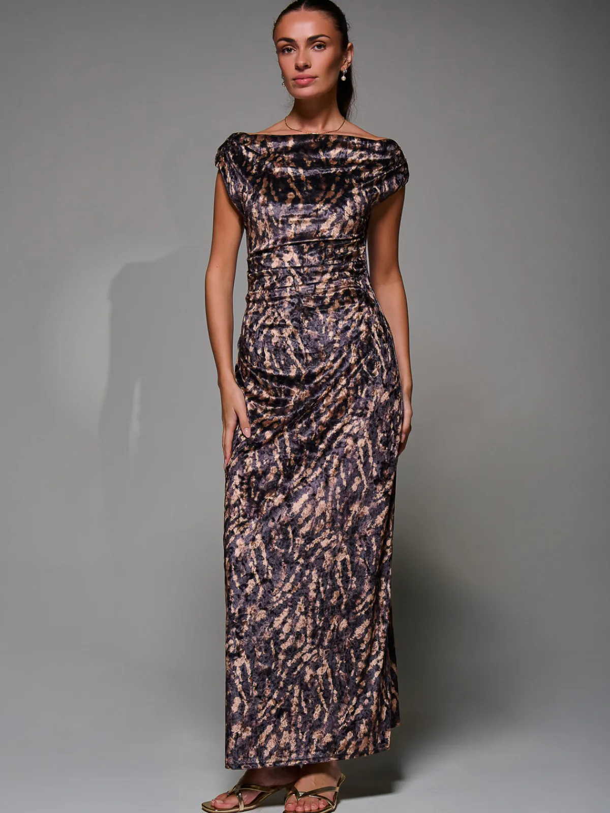 Jolie Moi Sleeveless Dresses|Velvet Dresses-Printed Velvet Draped Maxi Dress, Brown Animal
