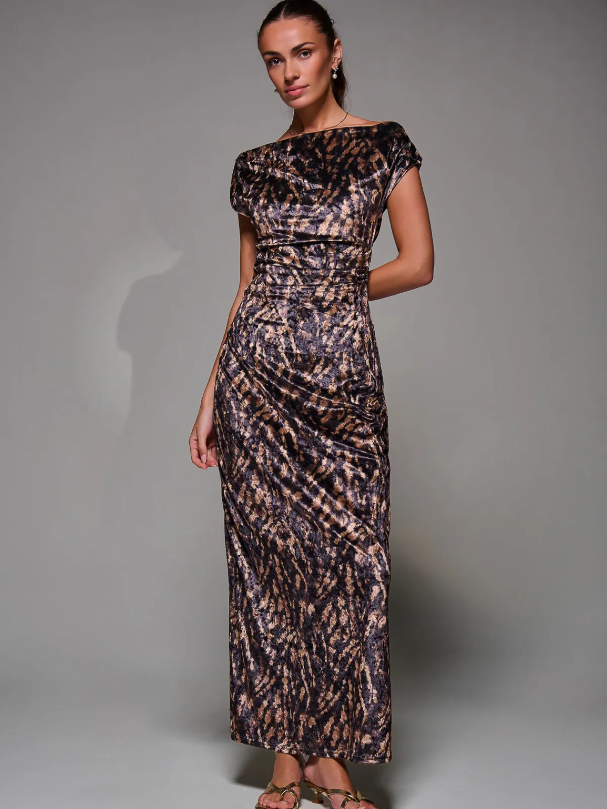 Jolie Moi Sleeveless Dresses|Velvet Dresses-Printed Velvet Draped Maxi Dress, Brown Animal
