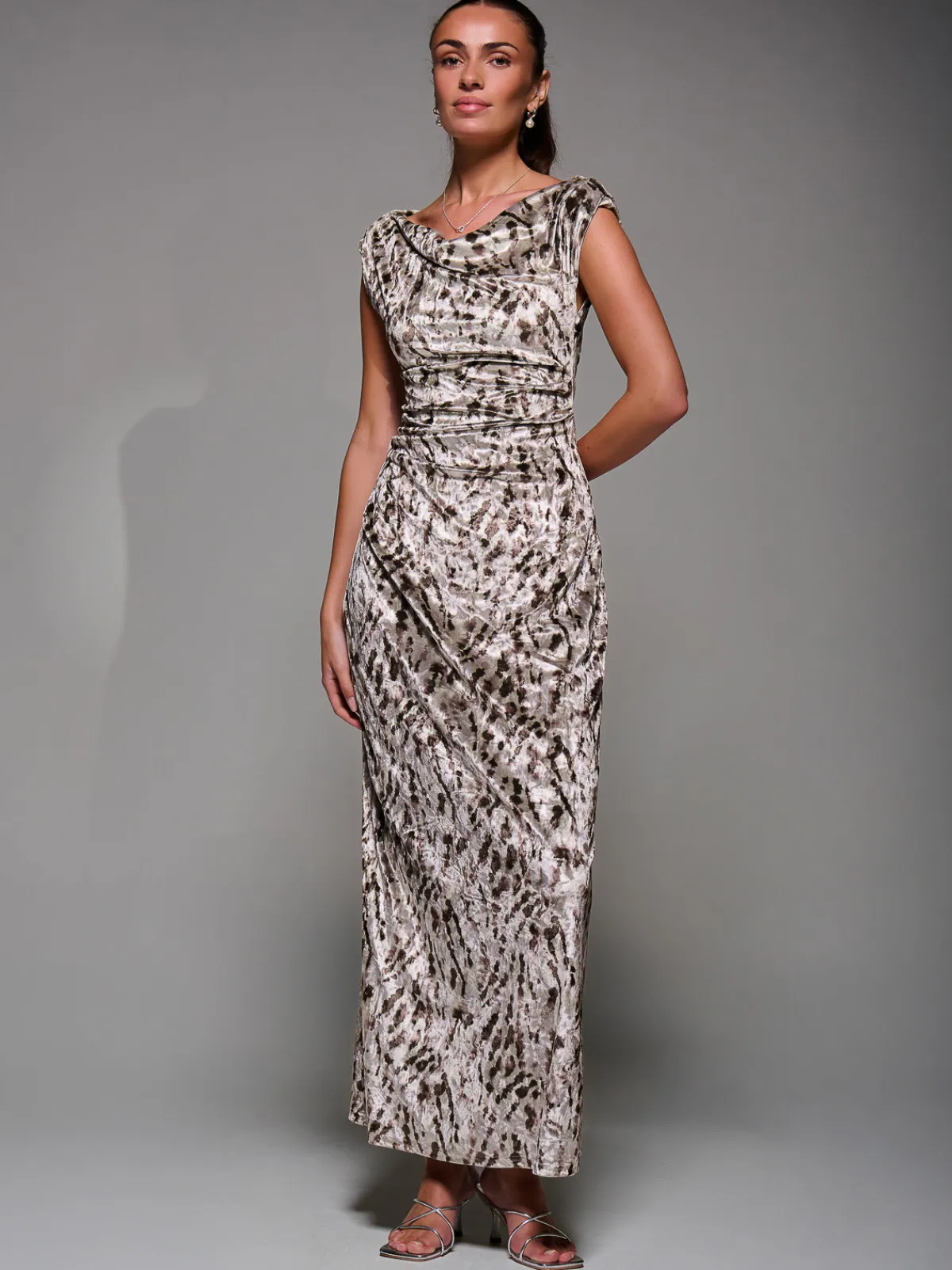 Jolie Moi Sleeveless Dresses|Velvet Dresses-Printed Velvet Draped Maxi Dress, Neutral Animal