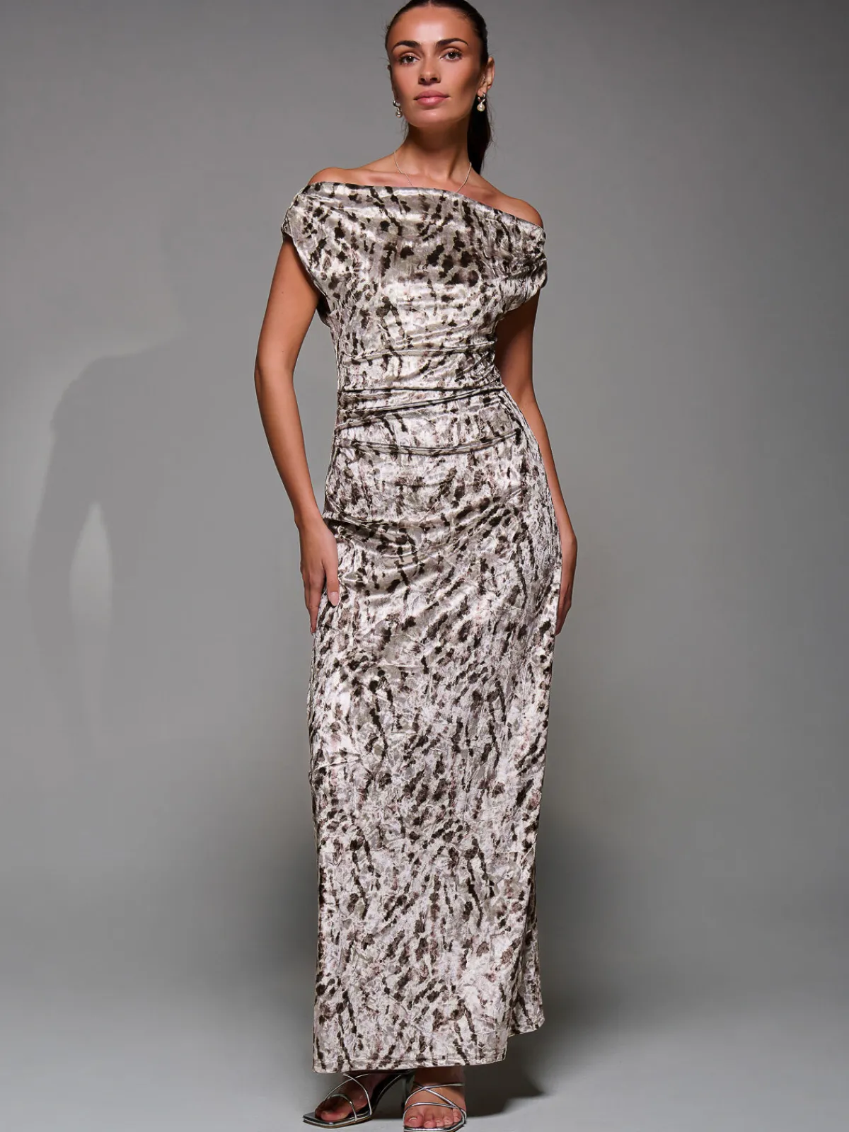 Jolie Moi Sleeveless Dresses|Velvet Dresses-Printed Velvet Draped Maxi Dress, Neutral Animal