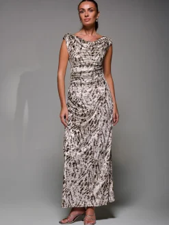 Jolie Moi Sleeveless Dresses|Velvet Dresses-Printed Velvet Draped Maxi Dress, Neutral Animal