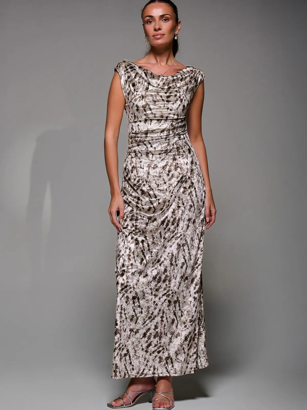 Jolie Moi Sleeveless Dresses|Velvet Dresses-Printed Velvet Draped Maxi Dress, Neutral Animal