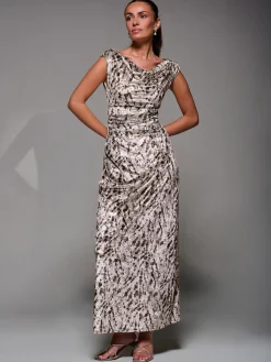 Jolie Moi Sleeveless Dresses|Velvet Dresses-Printed Velvet Draped Maxi Dress, Neutral Animal