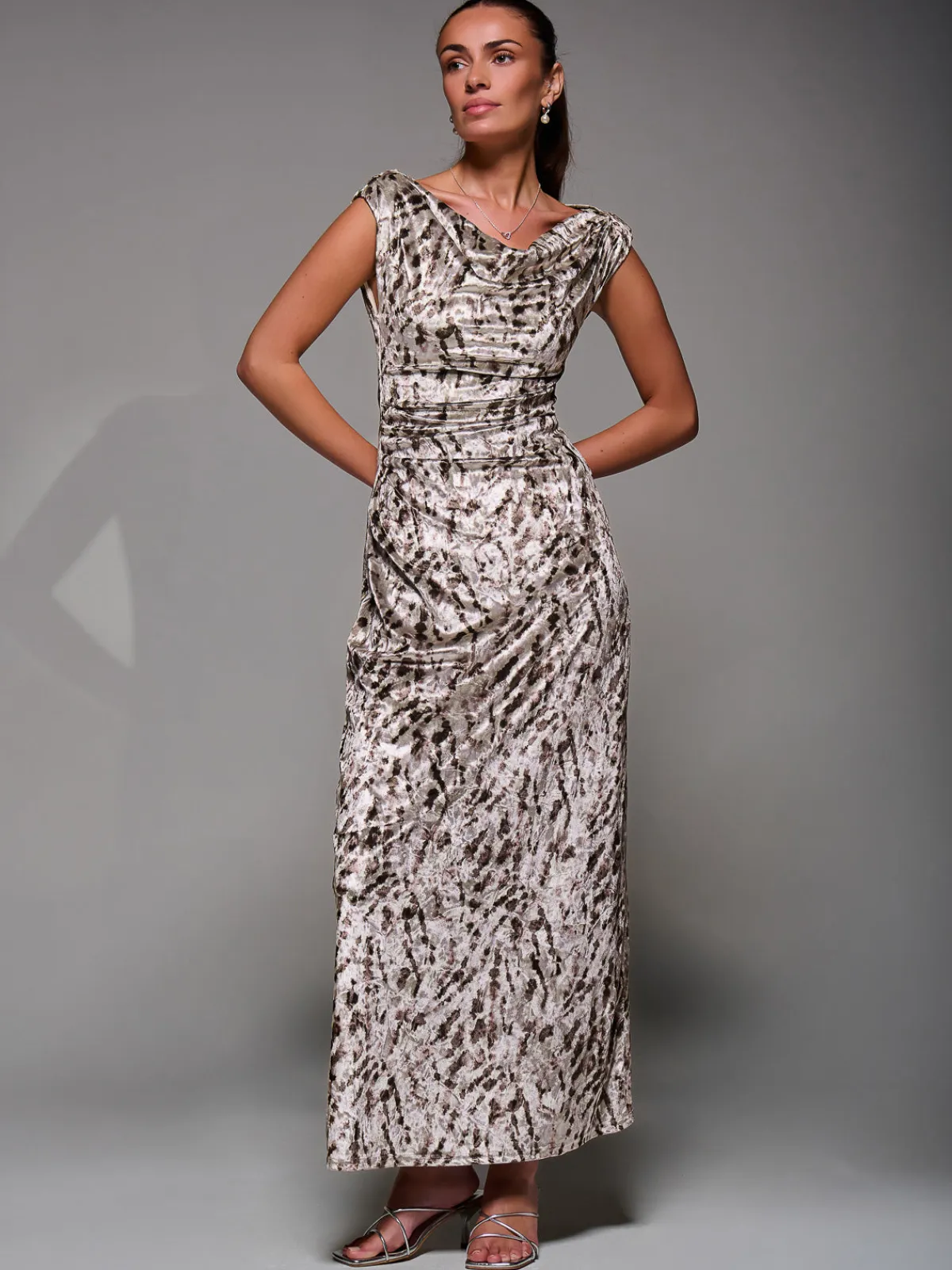 Jolie Moi Sleeveless Dresses|Velvet Dresses-Printed Velvet Draped Maxi Dress, Neutral Animal