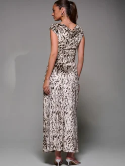 Jolie Moi Sleeveless Dresses|Velvet Dresses-Printed Velvet Draped Maxi Dress, Neutral Animal