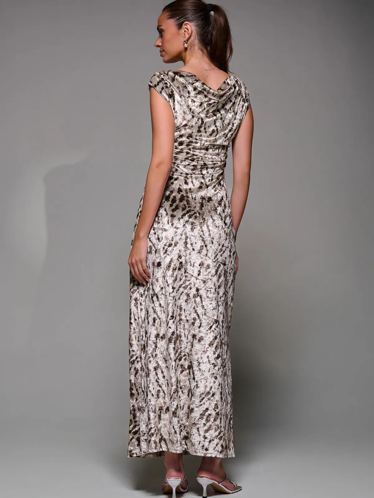 Jolie Moi Sleeveless Dresses|Velvet Dresses-Printed Velvet Draped Maxi Dress, Neutral Animal