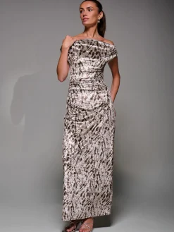 Jolie Moi Sleeveless Dresses|Velvet Dresses-Printed Velvet Draped Maxi Dress, Neutral Animal