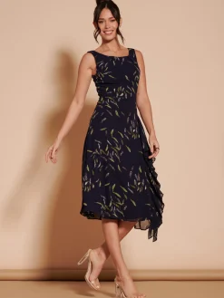Jolie Moi Occasion Dresses|Sleeveless Dresses-Print Frill Hem Chiffon Midi Dress, Navy Multi