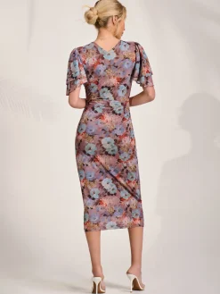Jolie Moi Occasion Dresses|Floral Dresses-Print Mesh Angel Sleeve Bodycon Midi Dress, Blue Multi