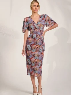 Jolie Moi Occasion Dresses|Floral Dresses-Print Mesh Angel Sleeve Bodycon Midi Dress, Blue Multi