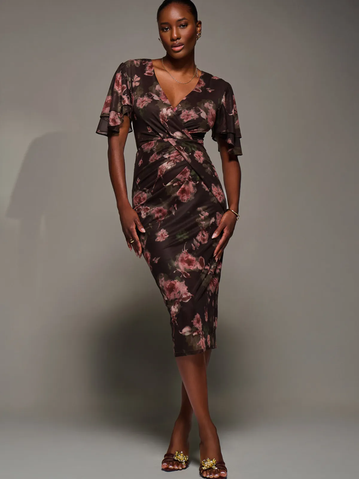 Jolie Moi Occasion Dresses|Floral Dresses-Print Mesh Angel Sleeve Bodycon Midi Dress, Burgundy Floral