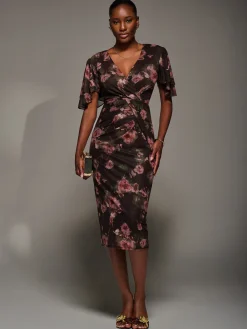 Jolie Moi Occasion Dresses|Floral Dresses-Print Mesh Angel Sleeve Bodycon Midi Dress, Burgundy Floral