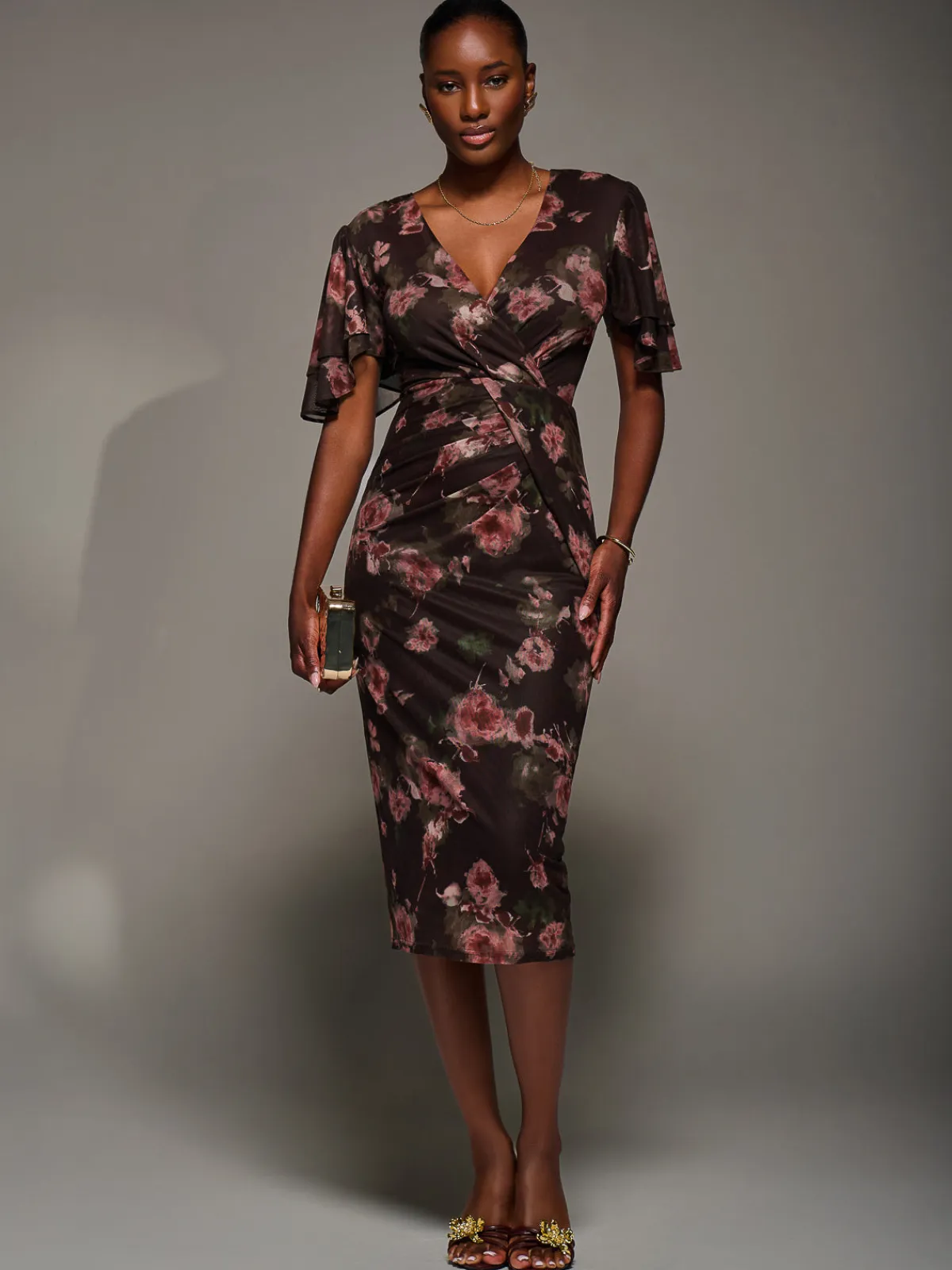 Jolie Moi Occasion Dresses|Floral Dresses-Print Mesh Angel Sleeve Bodycon Midi Dress, Burgundy Floral