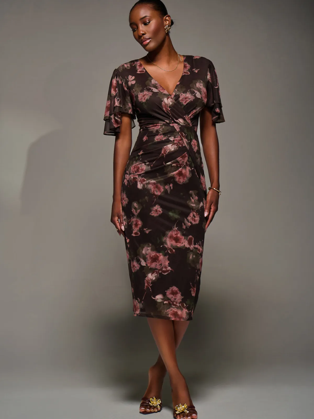 Jolie Moi Occasion Dresses|Floral Dresses-Print Mesh Angel Sleeve Bodycon Midi Dress, Burgundy Floral