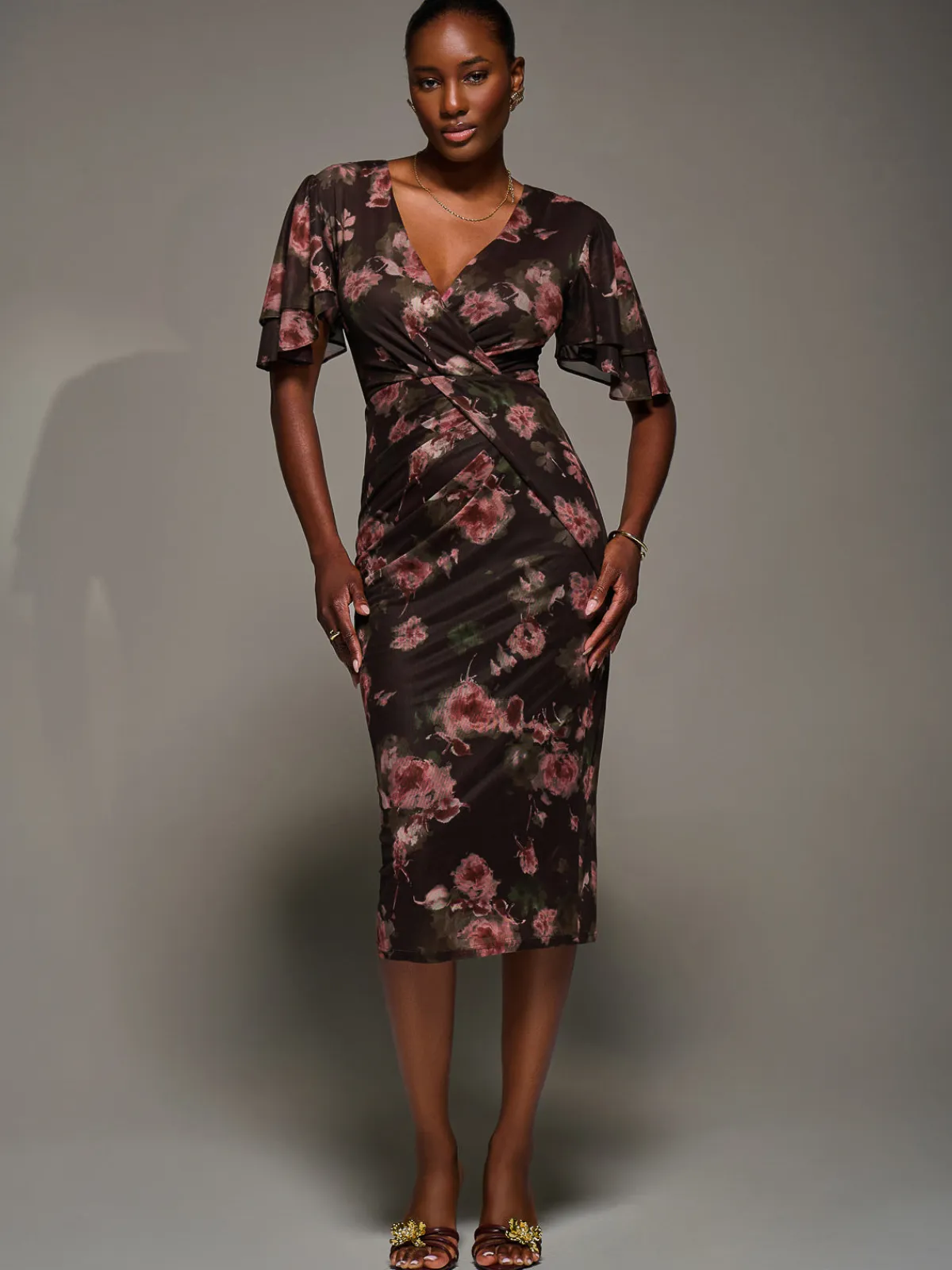 Jolie Moi Occasion Dresses|Floral Dresses-Print Mesh Angel Sleeve Bodycon Midi Dress, Burgundy Floral