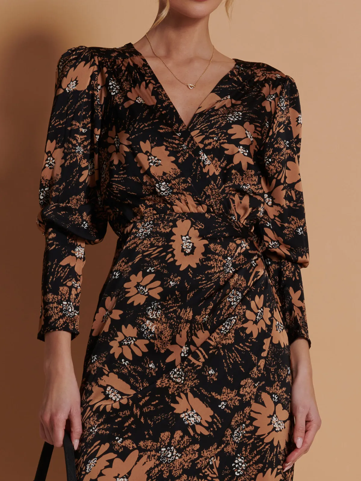 Jolie Moi Occasion Dresses|Floral Dresses-Print Satin Wrap Bodycon Dress, Brown Floral