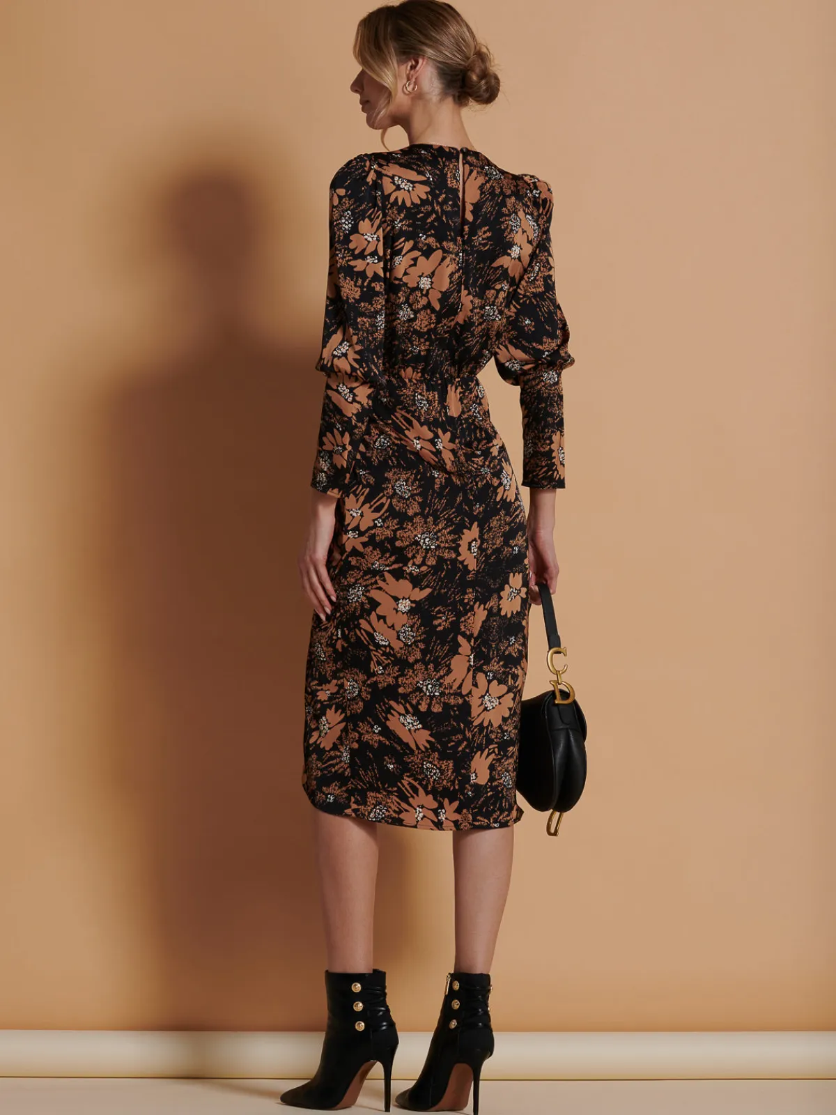 Jolie Moi Occasion Dresses|Floral Dresses-Print Satin Wrap Bodycon Dress, Brown Floral