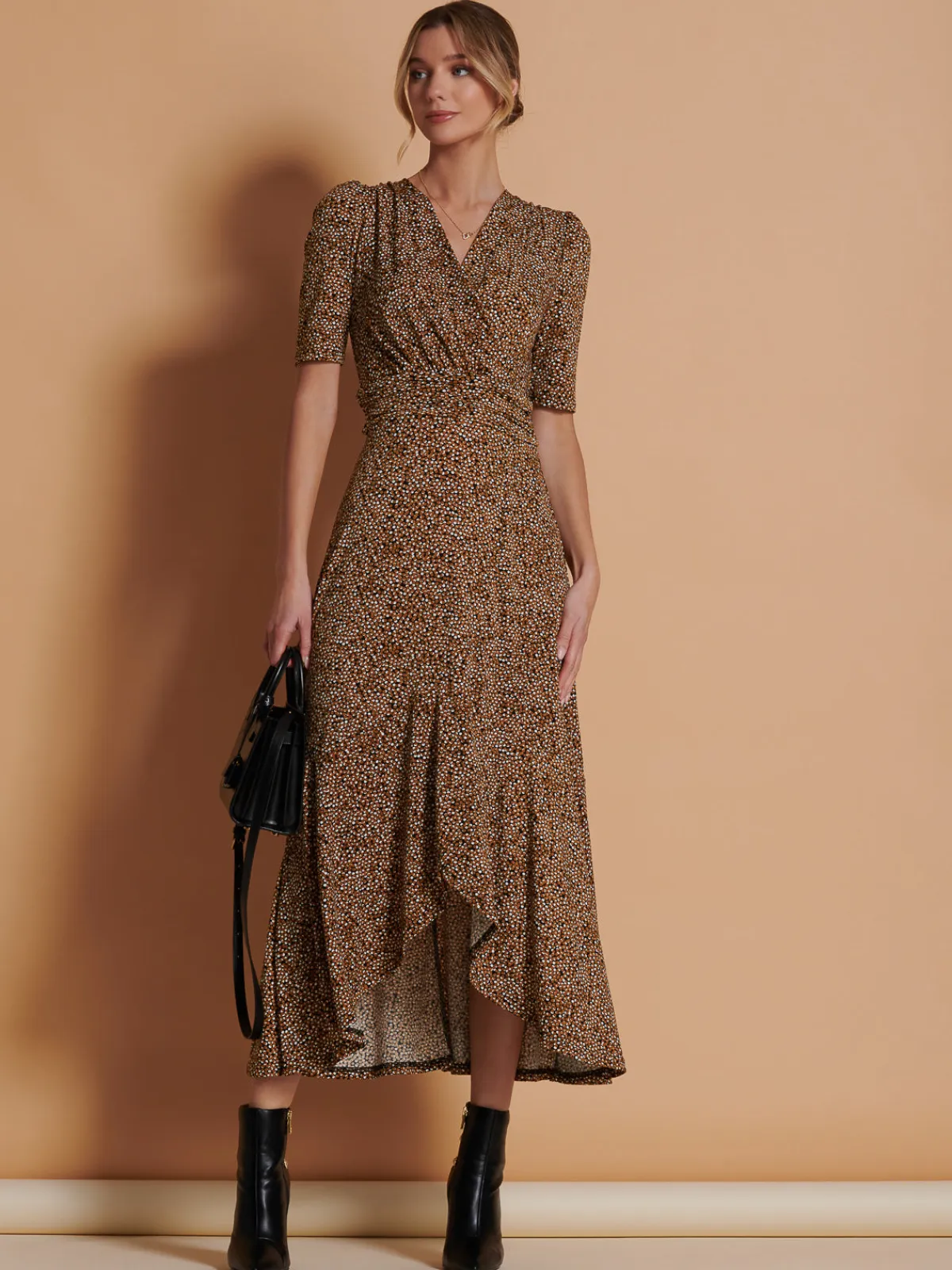 Jolie Moi Occasion Dresses|Jersey Dresses-Print Viscose Frill Hem Maxi Dress, Black Spot