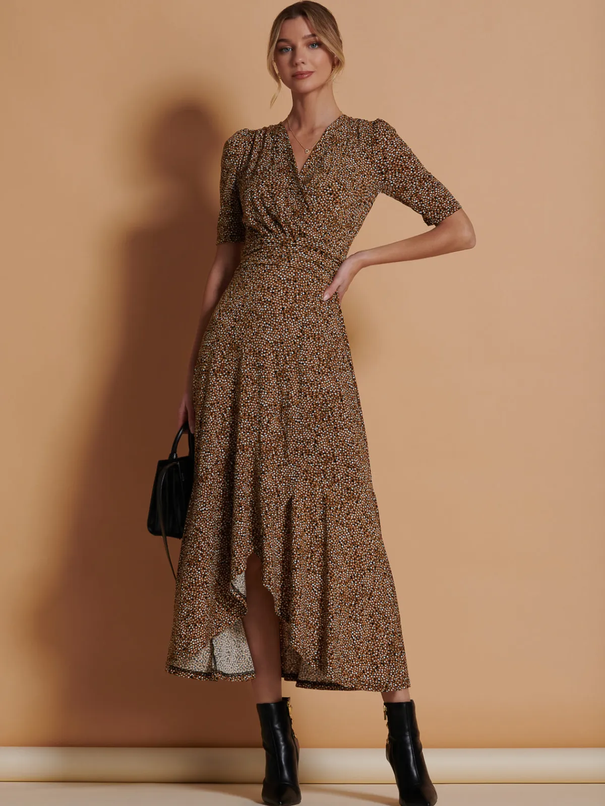 Jolie Moi Occasion Dresses|Jersey Dresses-Print Viscose Frill Hem Maxi Dress, Black Spot
