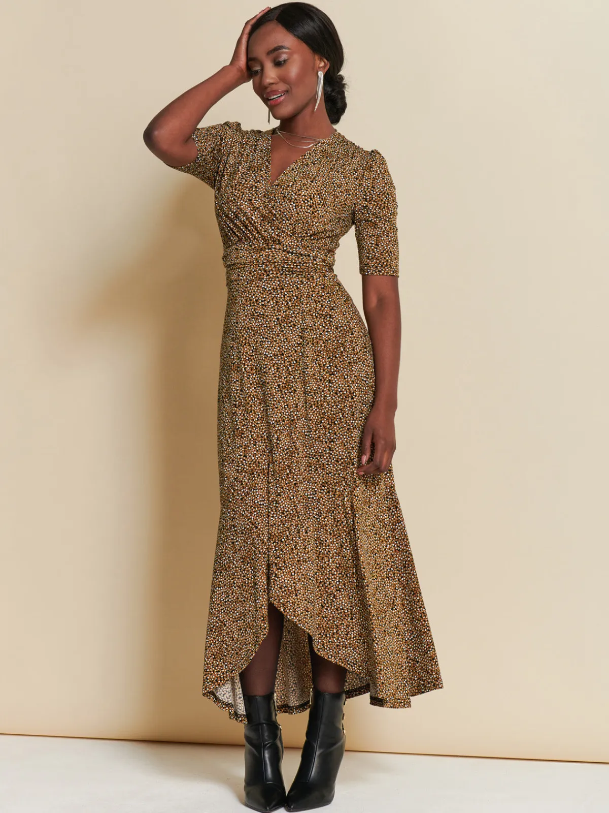 Jolie Moi Occasion Dresses|Jersey Dresses-Print Viscose Frill Hem Maxi Dress, Black Spot
