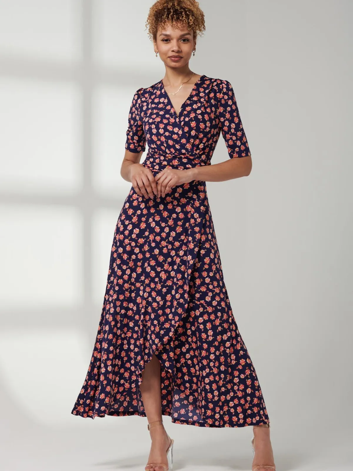 Jolie Moi Occasion Dresses|Jersey Dresses-Print Viscose Frill Hem Maxi Dress, Navy Floral