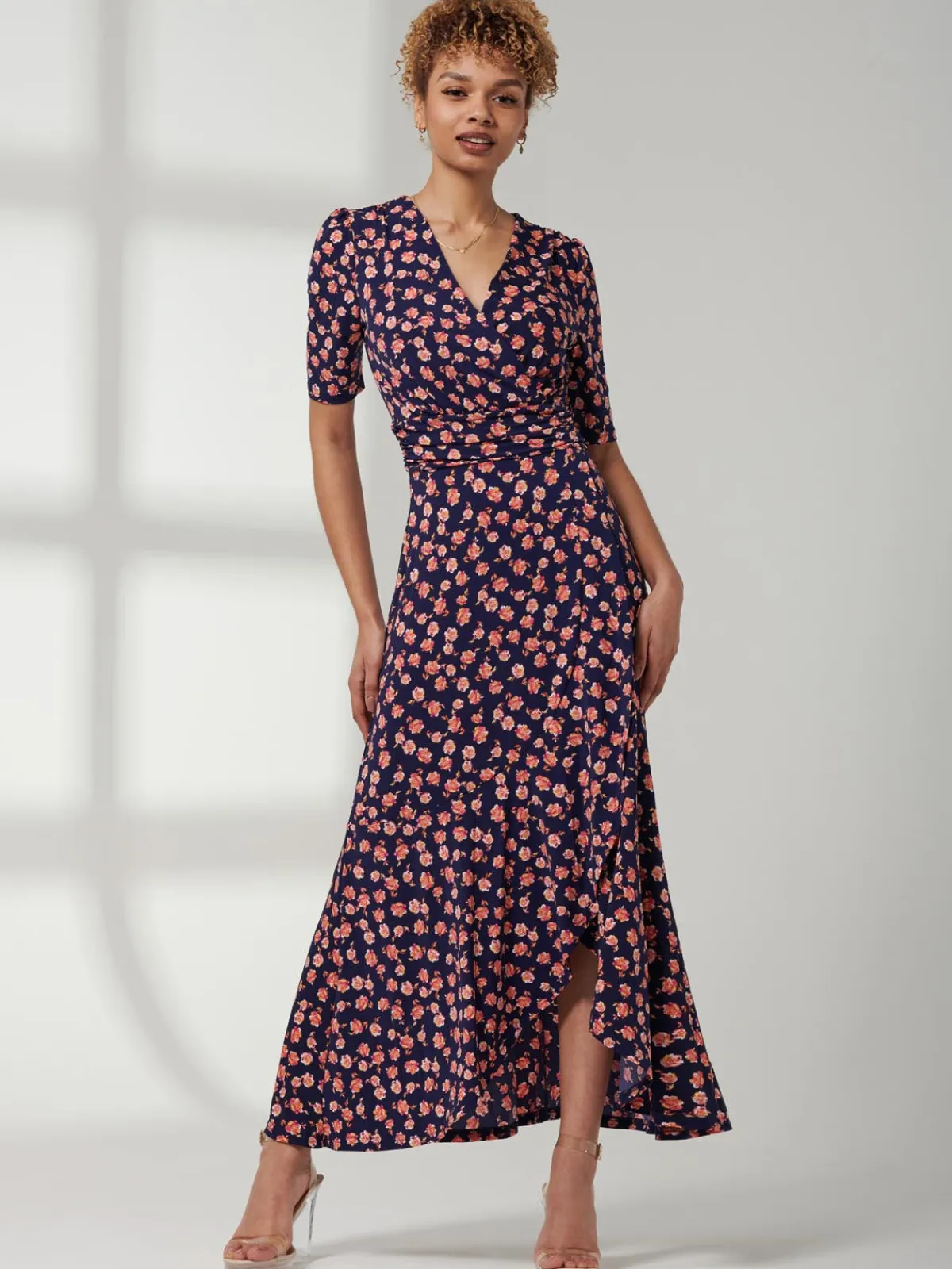 Jolie Moi Occasion Dresses|Jersey Dresses-Print Viscose Frill Hem Maxi Dress, Navy Floral