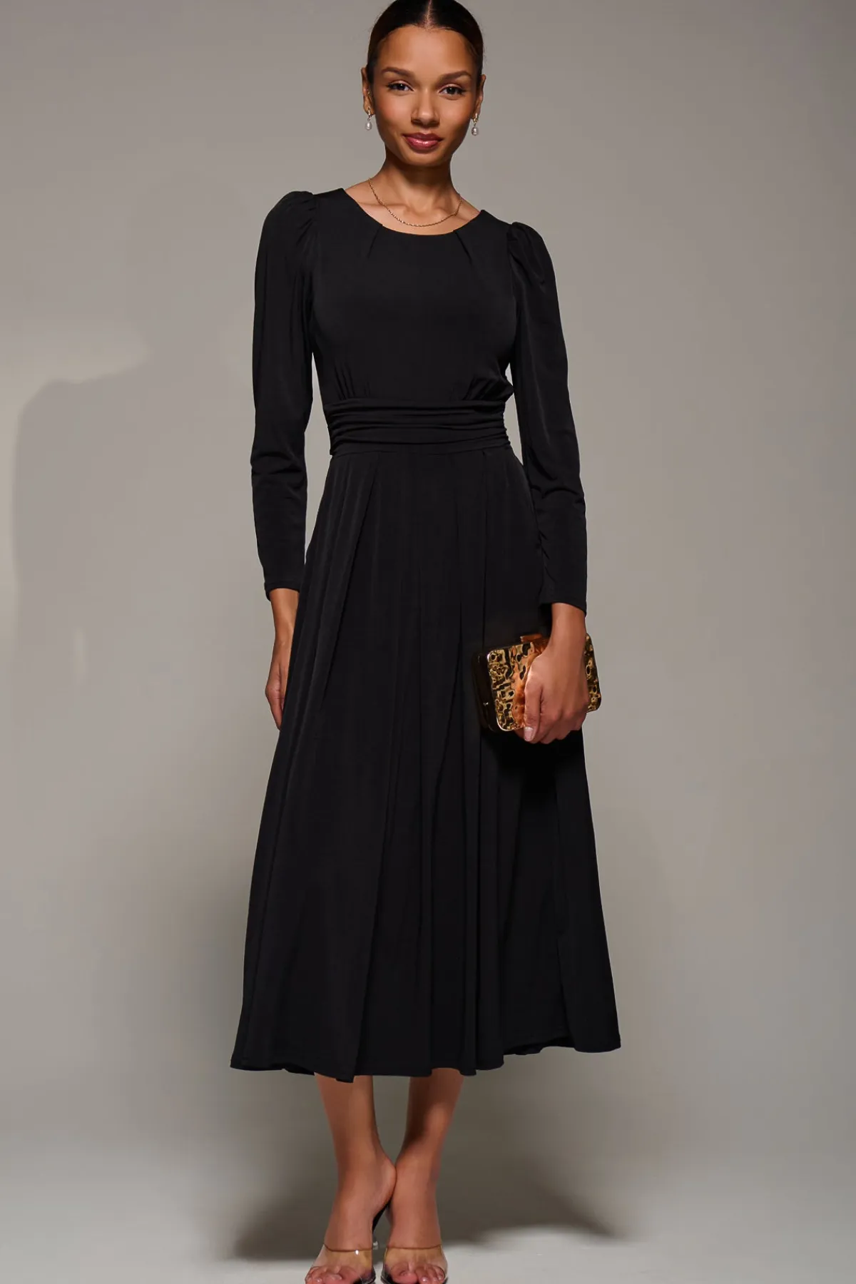 Jolie Moi Occasion Dresses|Jersey Dresses-Puff Long Sleeve Jersey Maxi Dress, Black