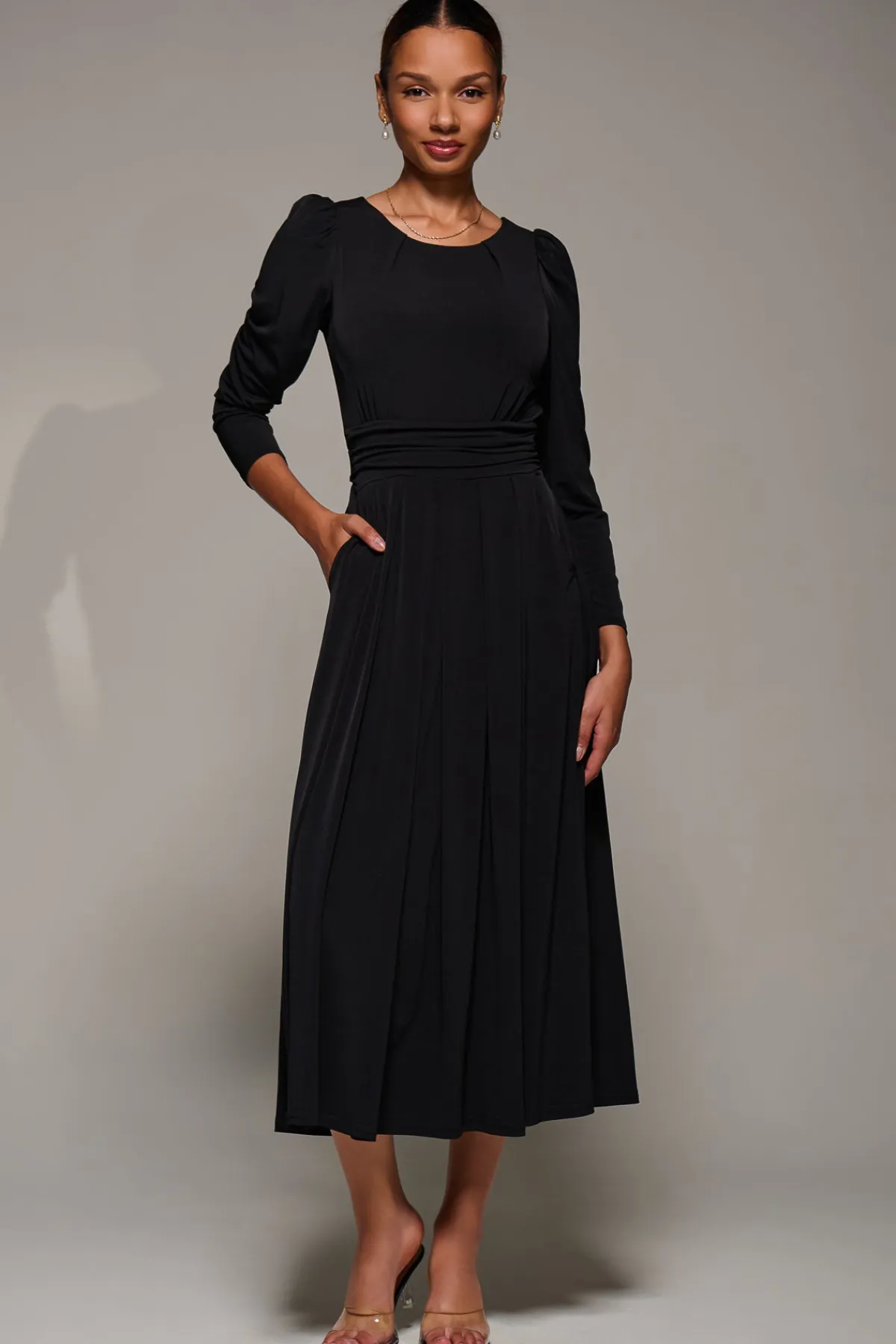 Jolie Moi Occasion Dresses|Jersey Dresses-Puff Long Sleeve Jersey Maxi Dress, Black