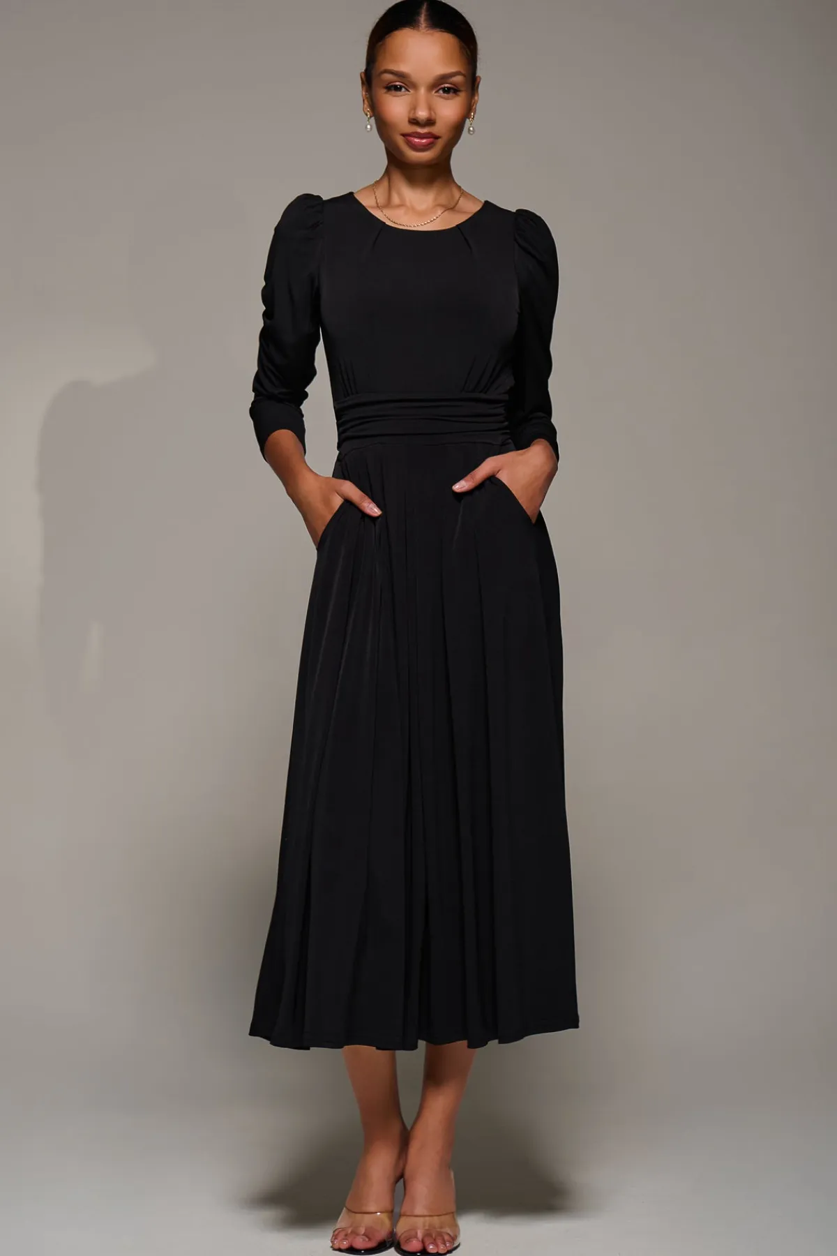 Jolie Moi Occasion Dresses|Jersey Dresses-Puff Long Sleeve Jersey Maxi Dress, Black