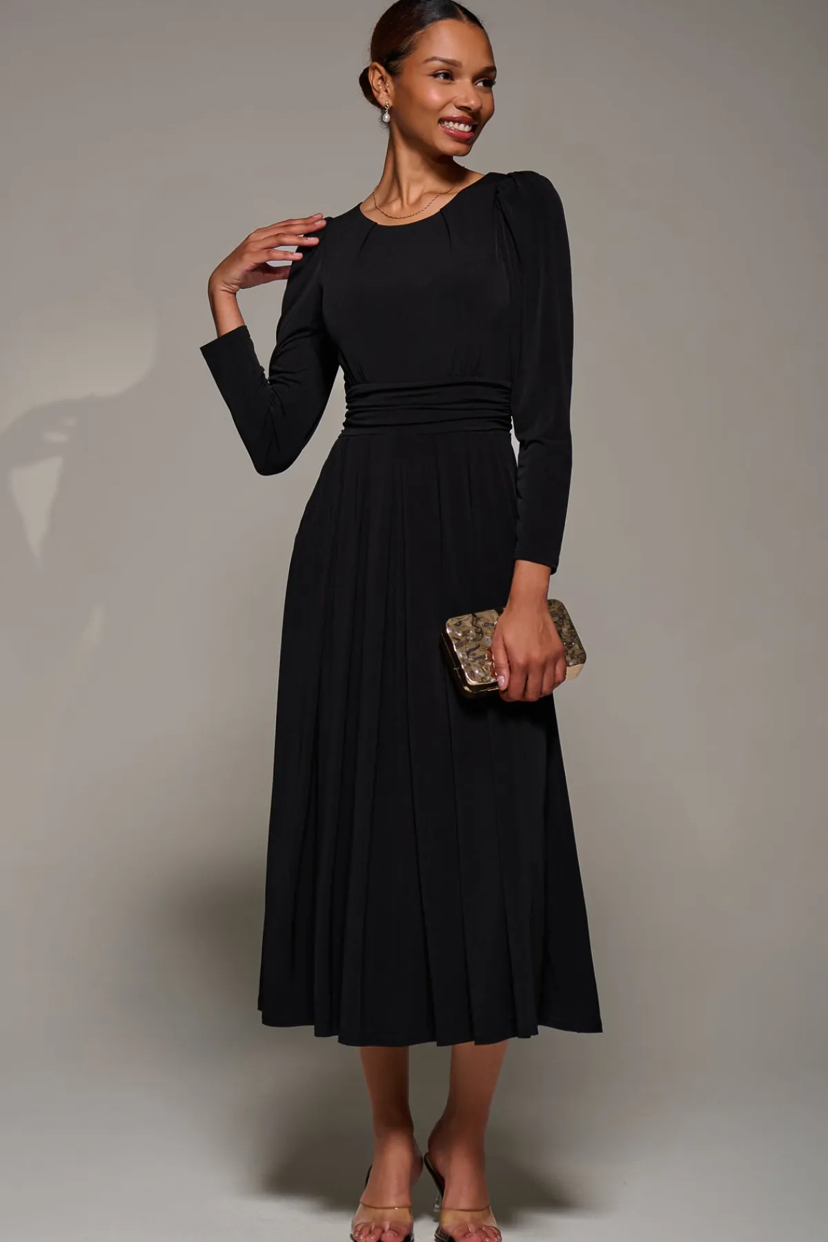 Jolie Moi Occasion Dresses|Jersey Dresses-Puff Long Sleeve Jersey Maxi Dress, Black