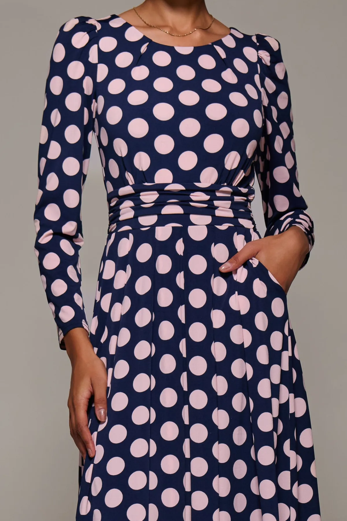 Jolie Moi Occasion Dresses|Jersey Dresses-Puff Long Sleeve Jersey Maxi Dress, Navy Spot