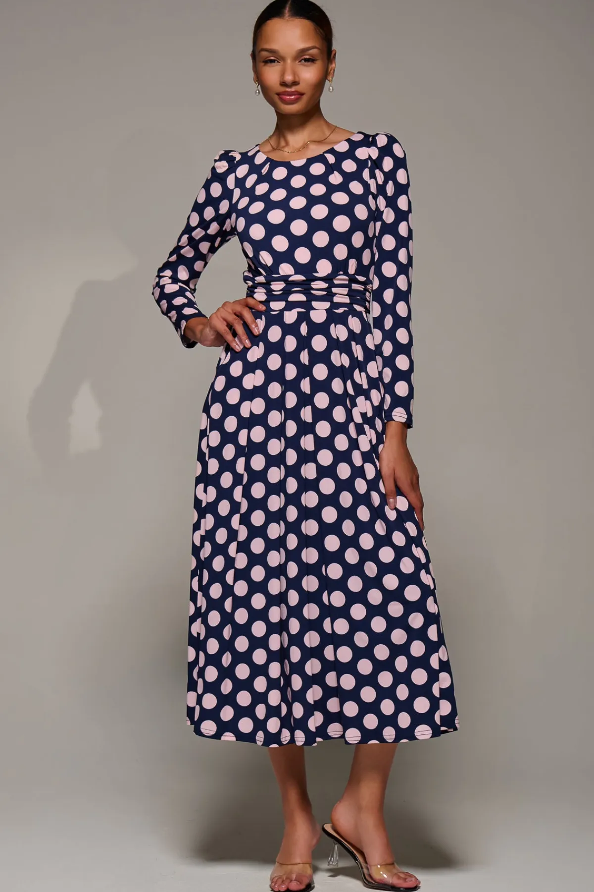 Jolie Moi Occasion Dresses|Jersey Dresses-Puff Long Sleeve Jersey Maxi Dress, Navy Spot