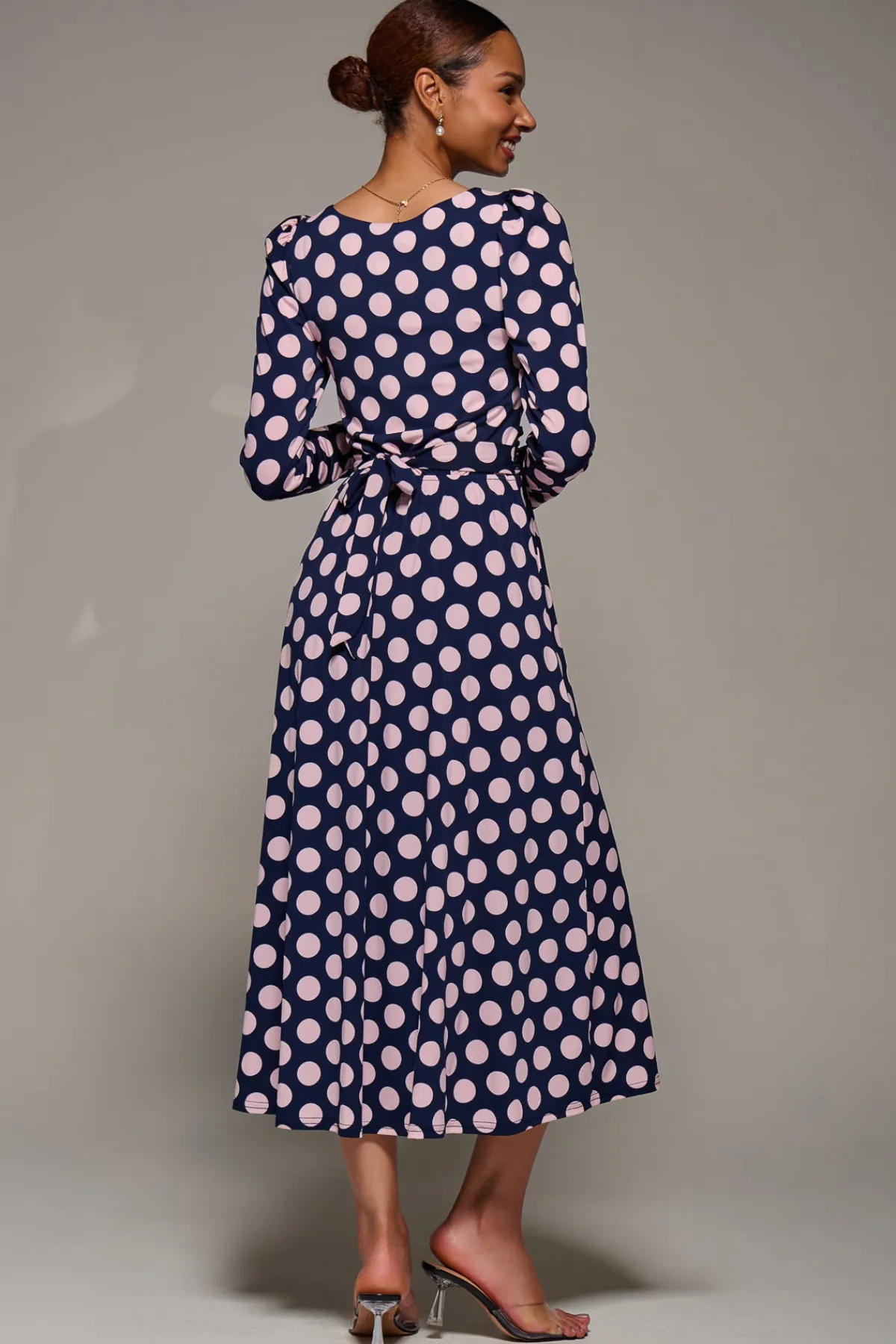 Jolie Moi Occasion Dresses|Jersey Dresses-Puff Long Sleeve Jersey Maxi Dress, Navy Spot