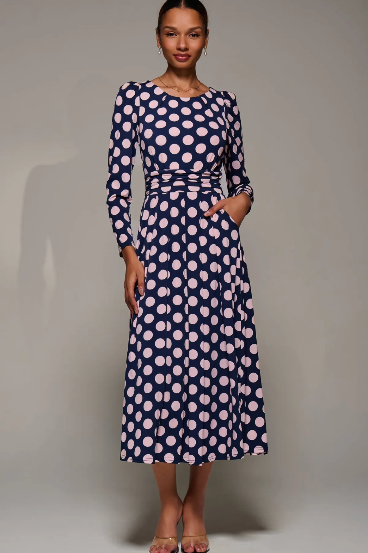Jolie Moi Occasion Dresses|Jersey Dresses-Puff Long Sleeve Jersey Maxi Dress, Navy Spot