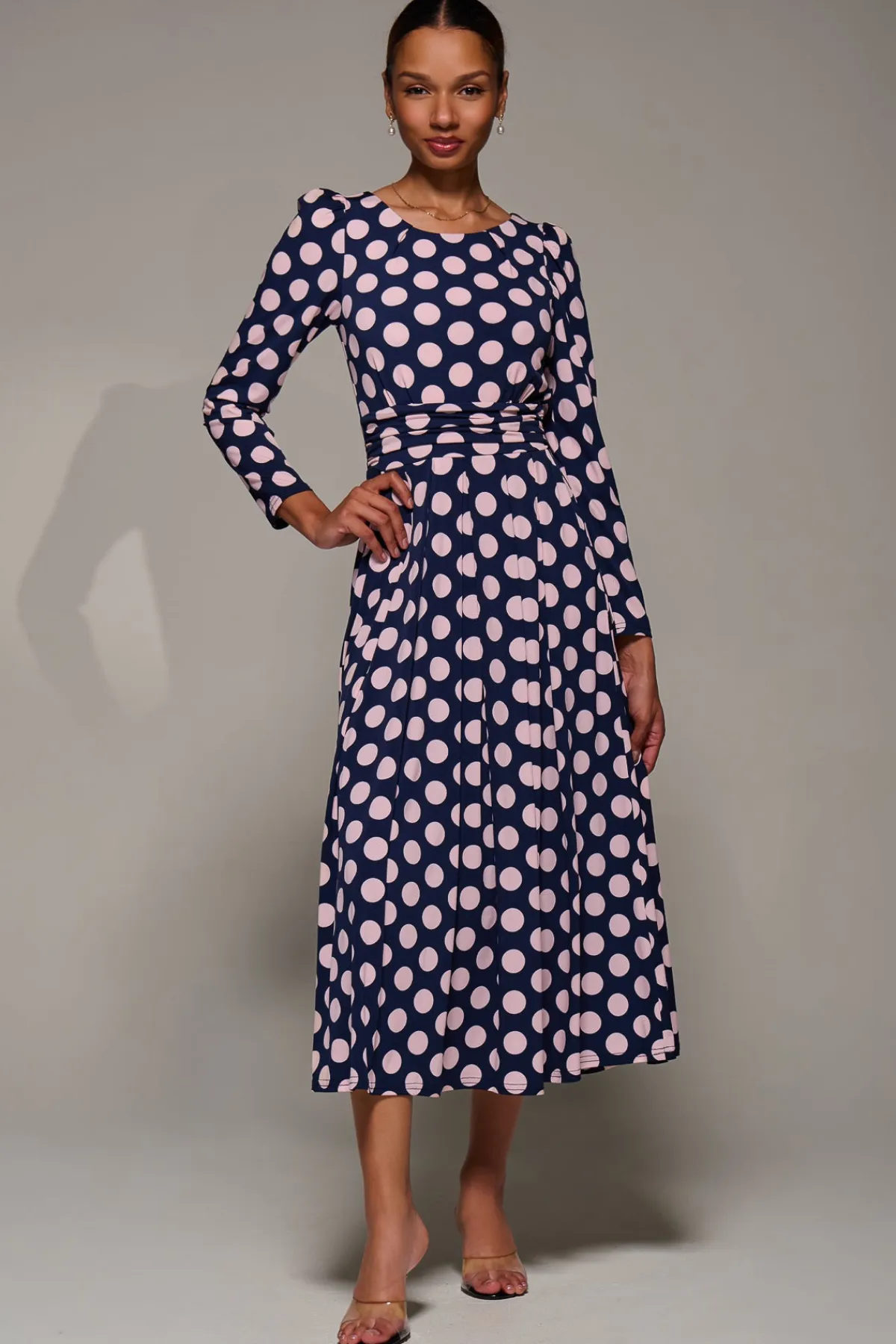 Jolie Moi Occasion Dresses|Jersey Dresses-Puff Long Sleeve Jersey Maxi Dress, Navy Spot