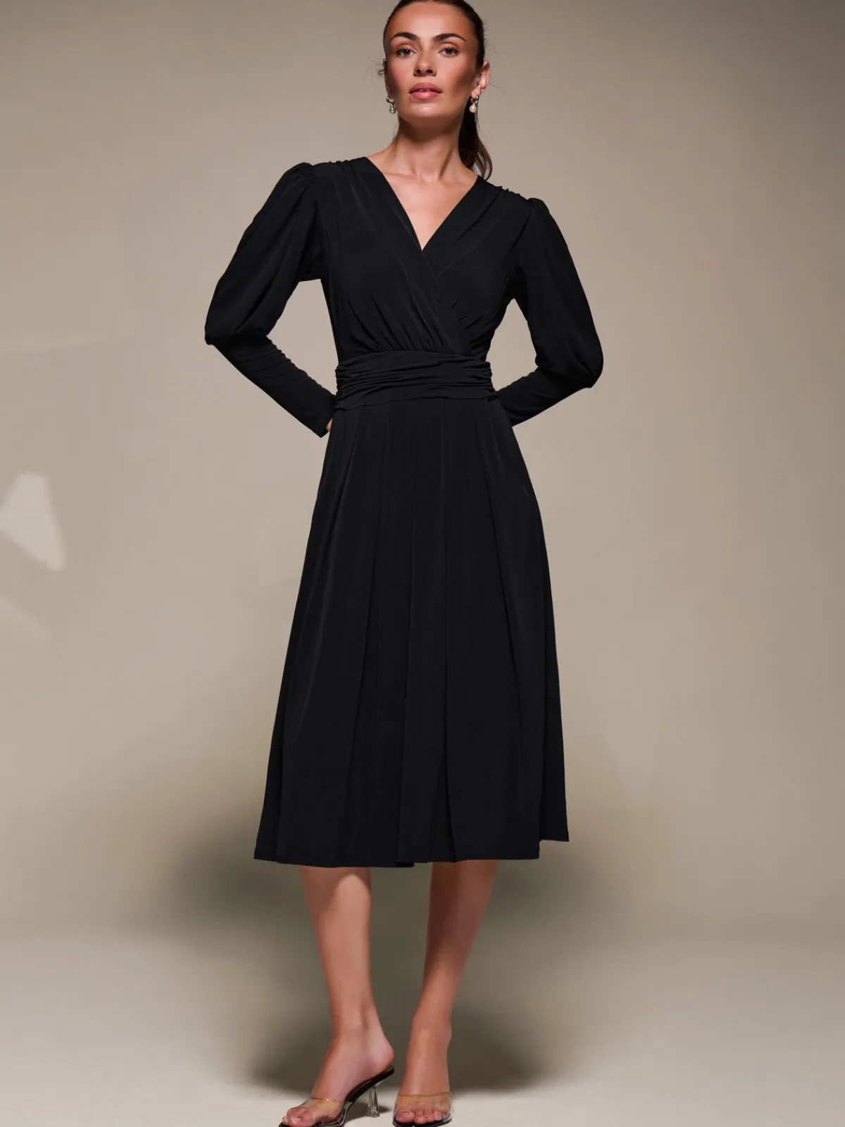 Jolie Moi Occasion Dresses|Jersey Dresses-Puff Long Sleeve Jersey Midi Dress, Black