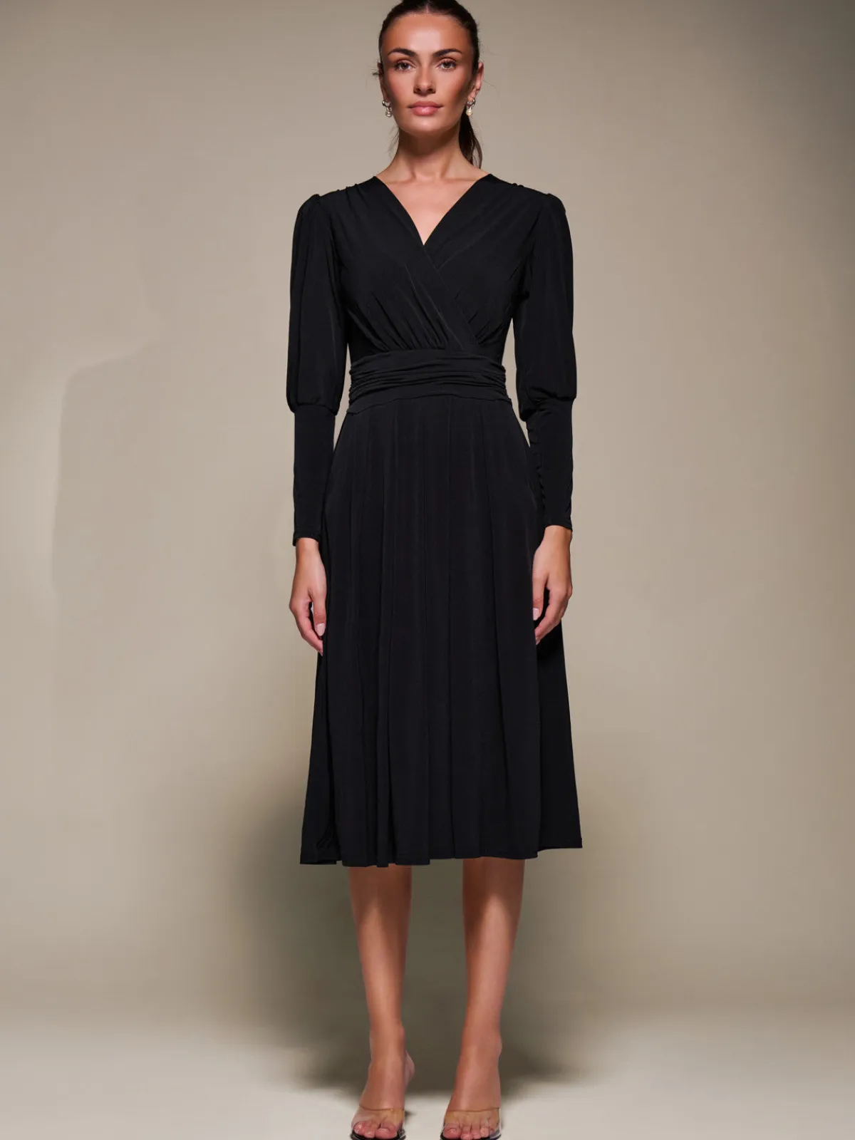 Jolie Moi Occasion Dresses|Jersey Dresses-Puff Long Sleeve Jersey Midi Dress, Black